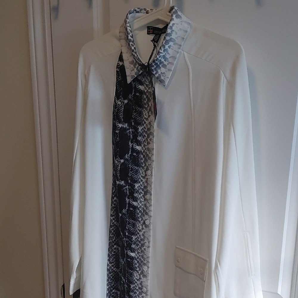 Carre Noir Corbin White and Black US L Patterned Semi-Sheer Shirt dress